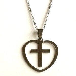 Sacred Heart Cross Necklace 24" Silver Stainless Steel Catholic Christian Gift